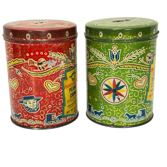 Vintage Pennsylvania Dutch Candies Yum Yum Peanut Crunch Tin Coin Banks Amish - Picture 7 of 14